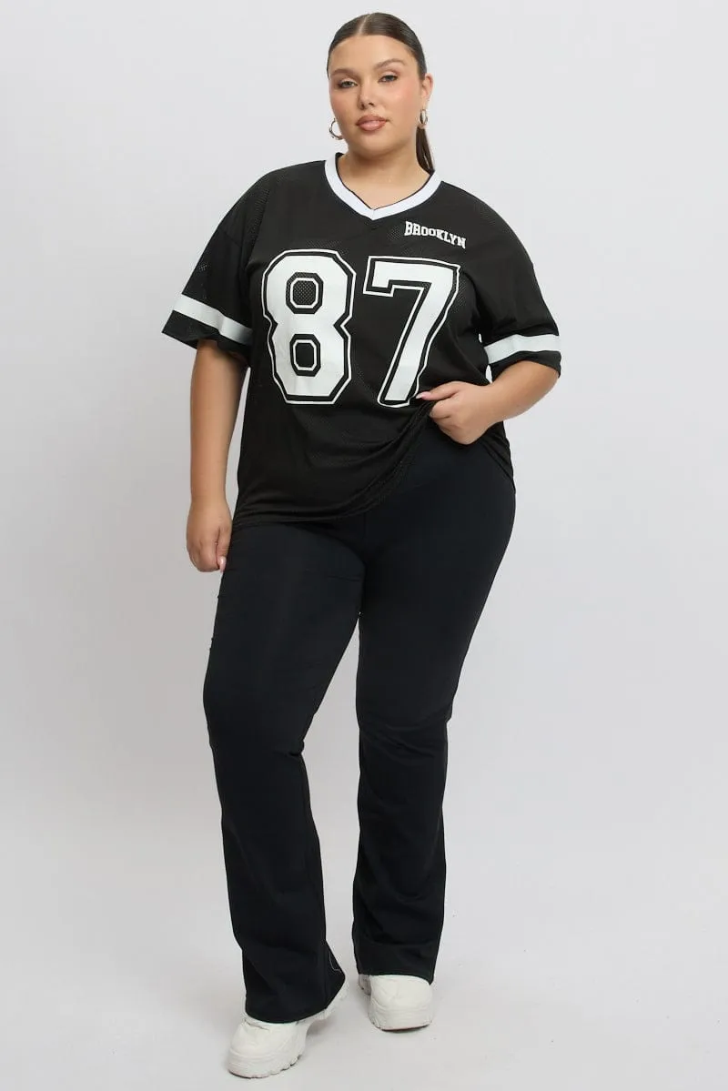 Heathered Texture Black Graphic T Shirt Short Sleeve V Neck