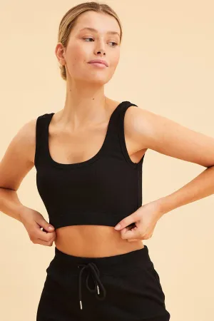 Relaxed Style Black Crop Top Cotton Blend Rib Tank Elasticated Hem