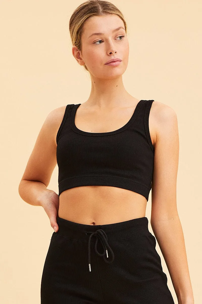 FlatlockStitching Ultraviolet Protection Black Crop Top Cotton Blend Rib Tank Elasticated Hem