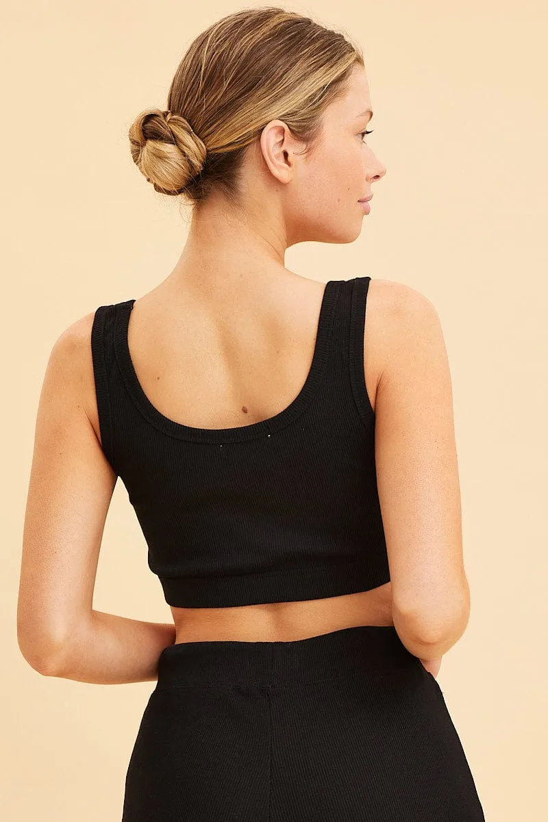 Black Crop Top Cotton Blend Rib Tank Elasticated Hem VentilatedKnit Elegant Coat