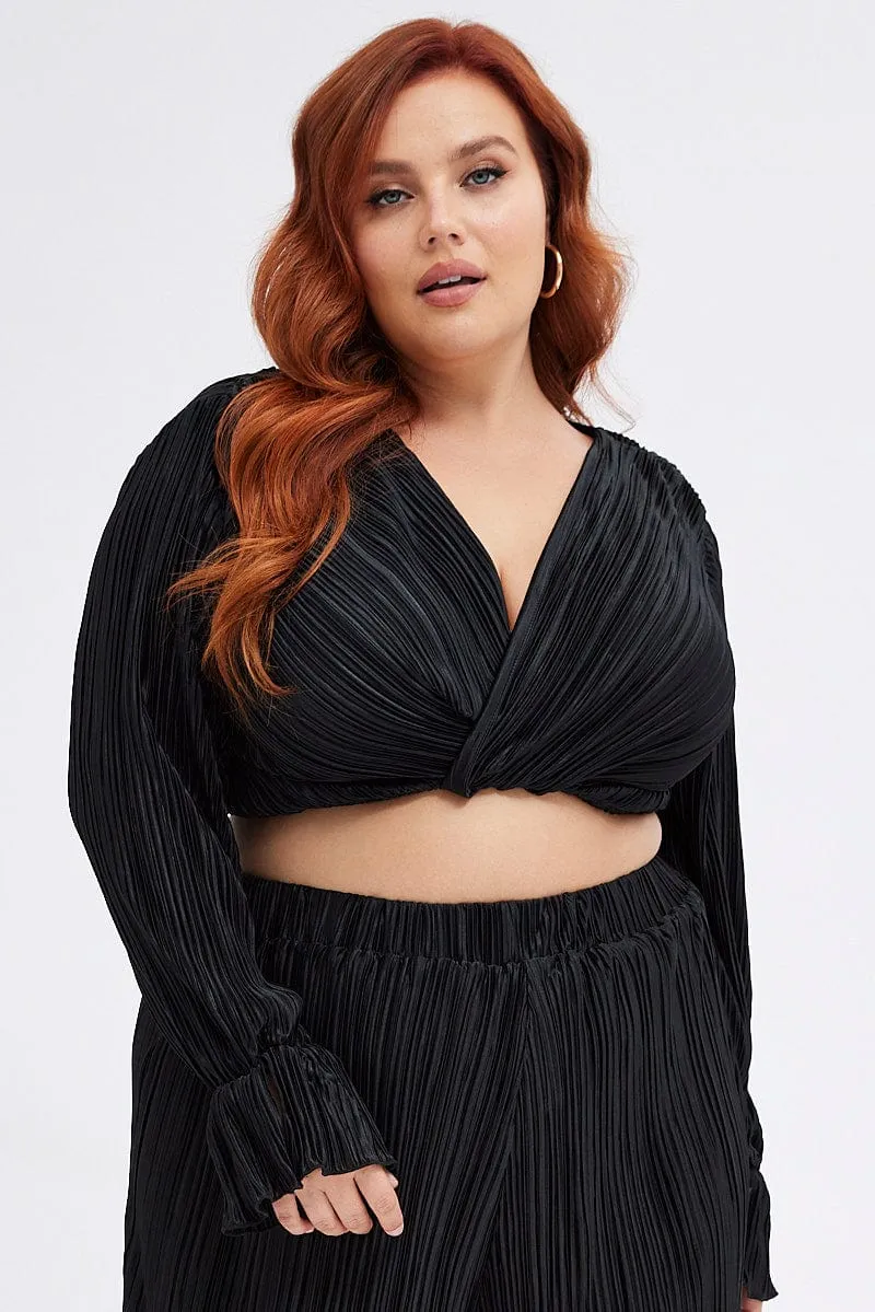 Black Wrap Top Long Sleeve Crop Plisse Basic Wear Stylish Jeans