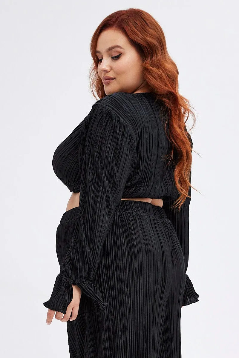 Black Wrap Top Long Sleeve Crop Plisse Cold Weather Wear Air Move