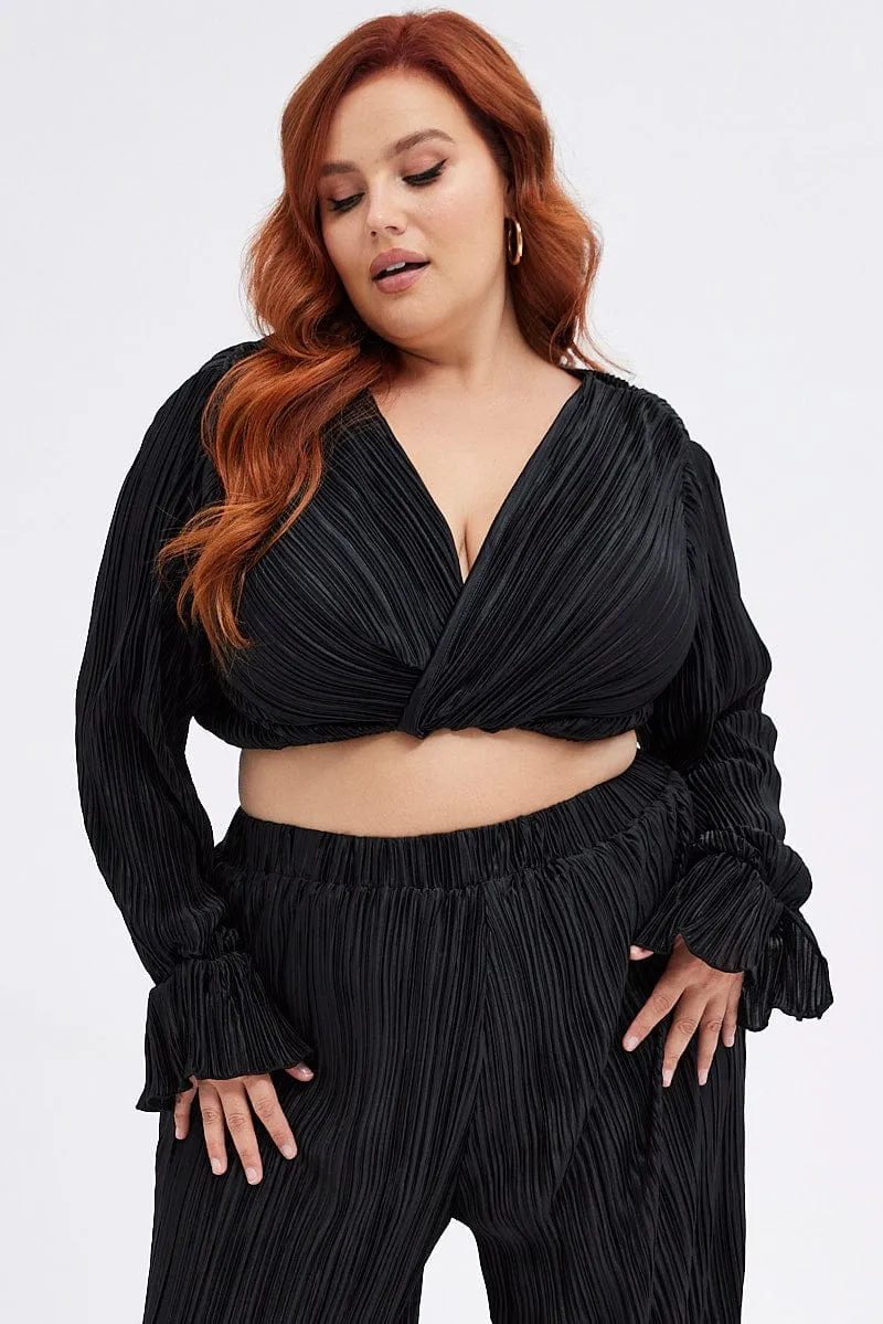 Casual Wear Black Wrap Top Long Sleeve Crop Plisse