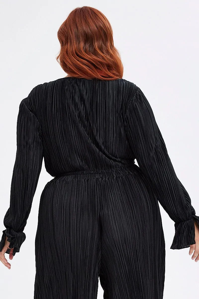 Fur Fit Black Wrap Top Long Sleeve Crop Plisse