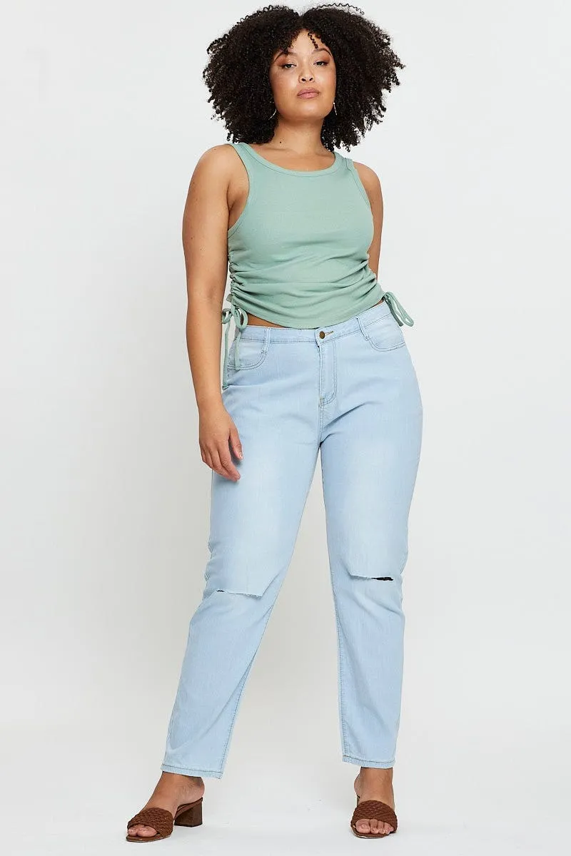 Green Tank Top Round Neck Sleeveless Jersey Drawstring Handmade Fit
