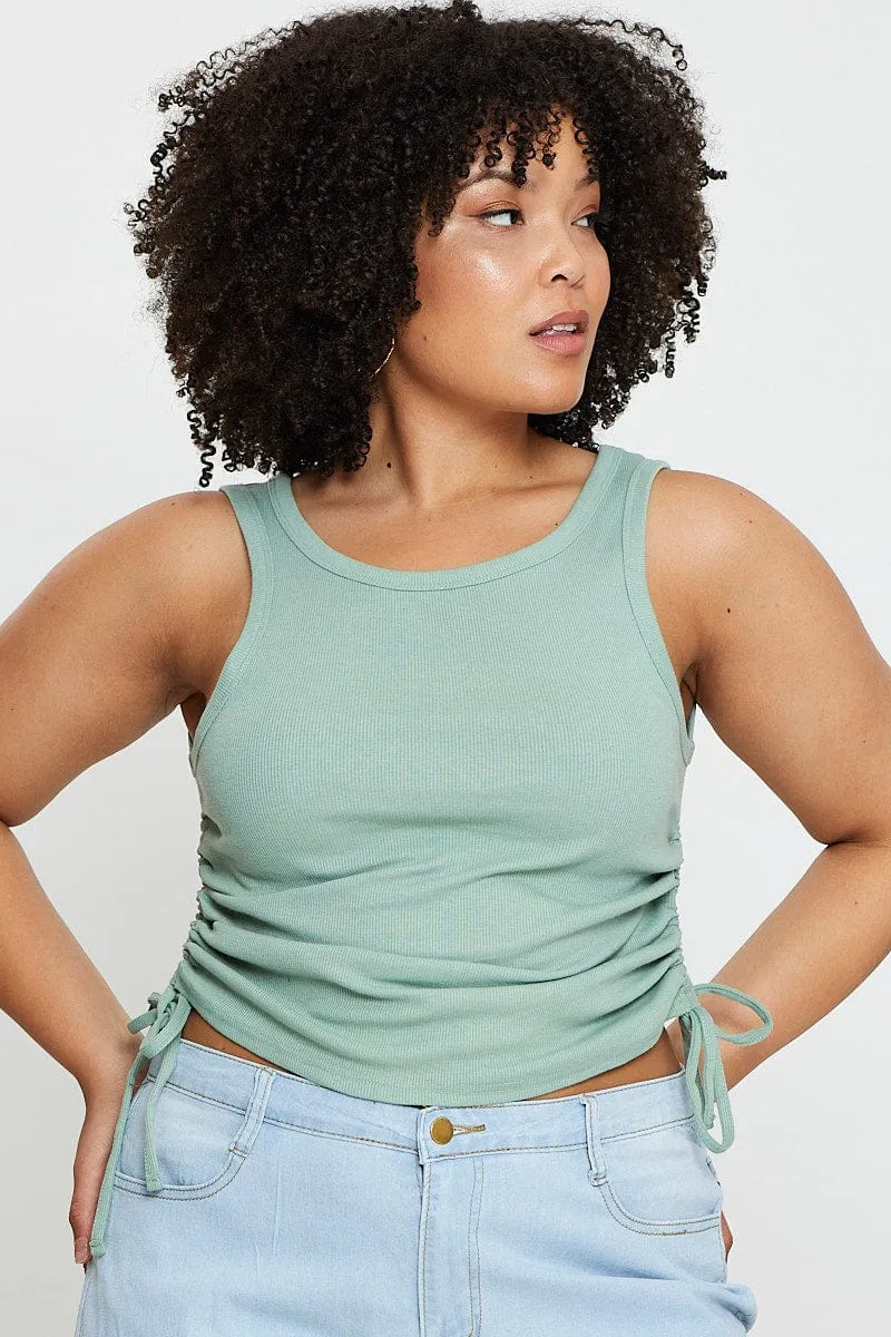 Green Tank Top Round Neck Sleeveless Jersey Drawstring Thin Core Placket Closure