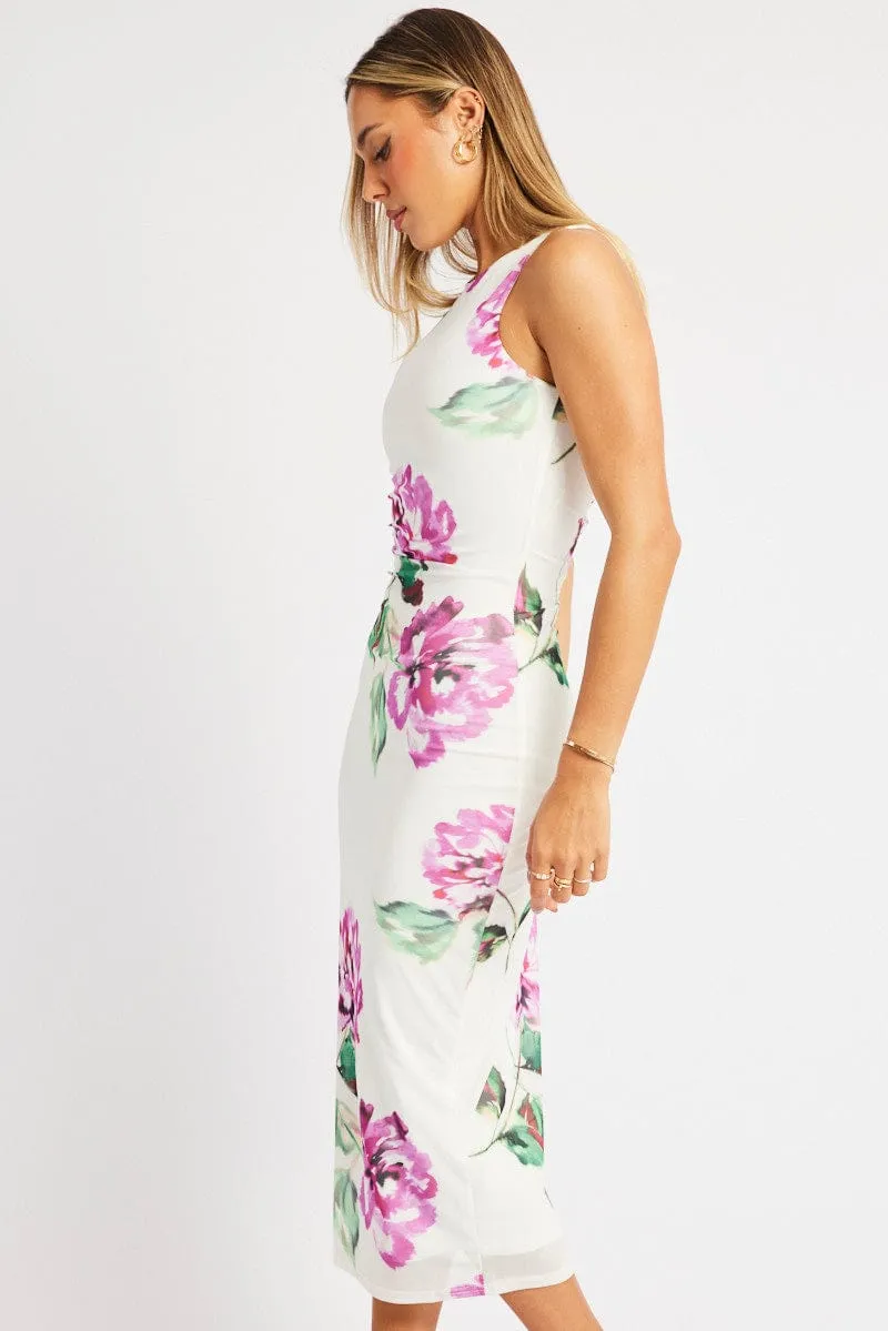 Functional Wear Multi Floral Bodycon Dress Sleeveless