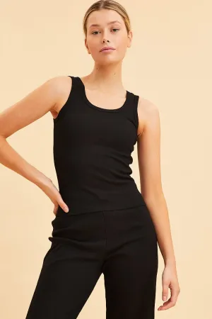 Black Cotton Tank Scoop Neck Cotton Blend Rib Sleeveless ThermalRegulating Fabric