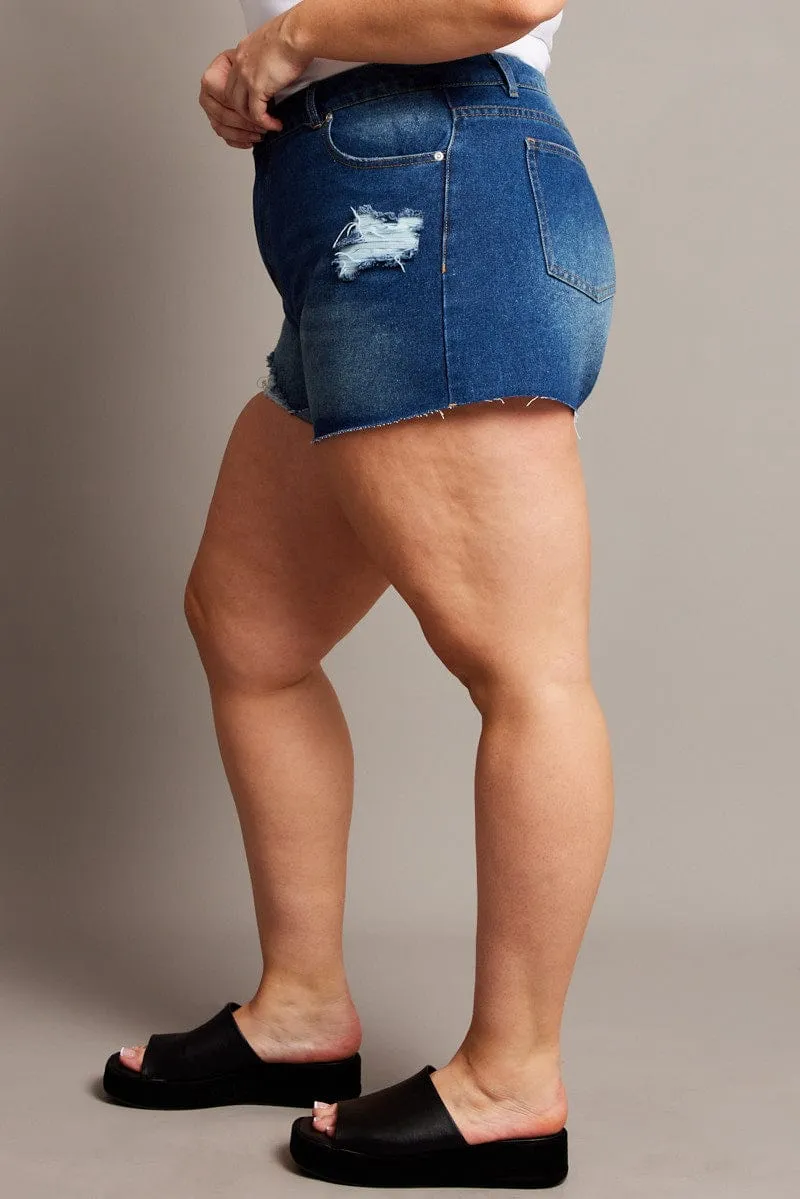 Denim Relaxed Shorts High Rise AdjustableStraps
