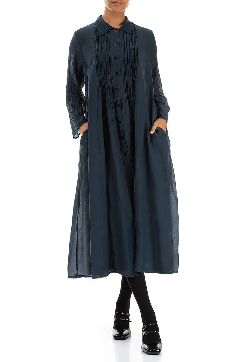 Midnight Blue Pintuck Silk Cotton Jacket Dress Mesh Glow Cotton Glow