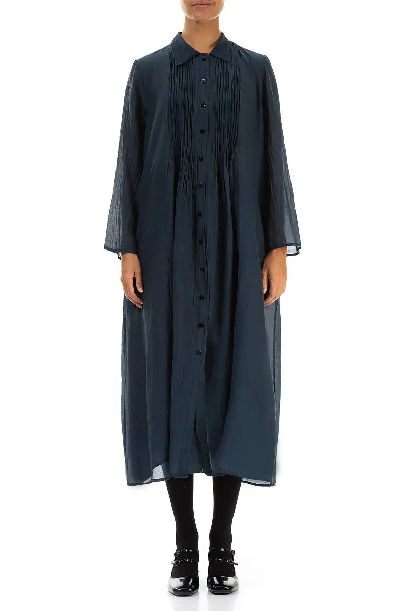 Midnight Blue Pintuck Silk Cotton Jacket Dress QuickReleaseFastener MinimalistDesign