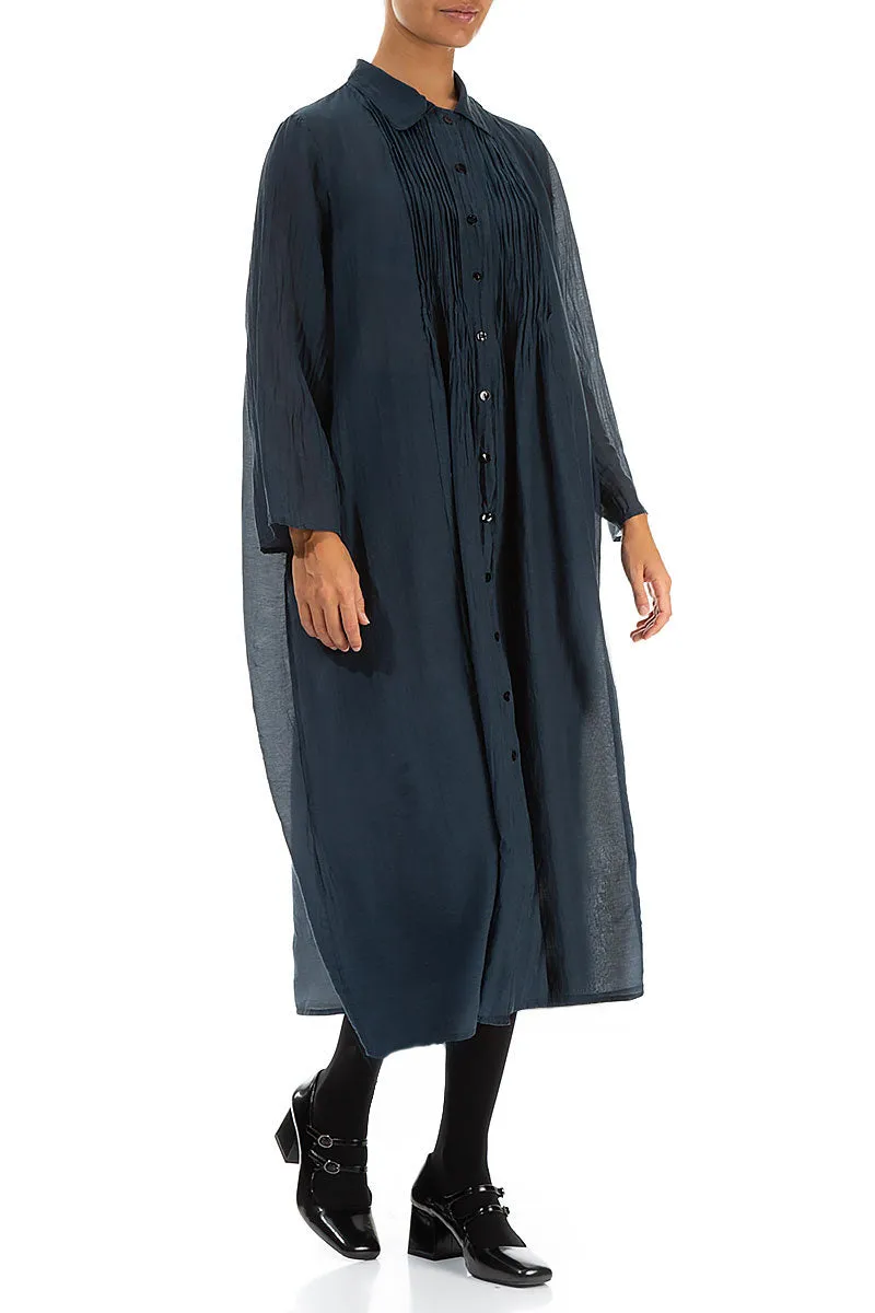 Midnight Blue Pintuck Silk Cotton Jacket Dress Outdoor Fashion Colorfast Technology