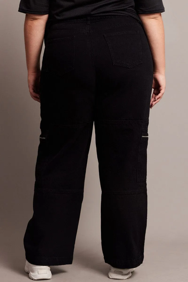 Modern Minimalist Urban Explorer Black Cargo Jeans Mid Rise