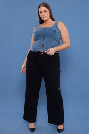 Black Cargo Jeans Mid Rise Wide Leg Silhouette Durable Fabric
