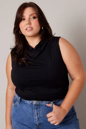 Black Ruched Tank Top Cowl Neck Pure Cotton SweatAbsorbentLining