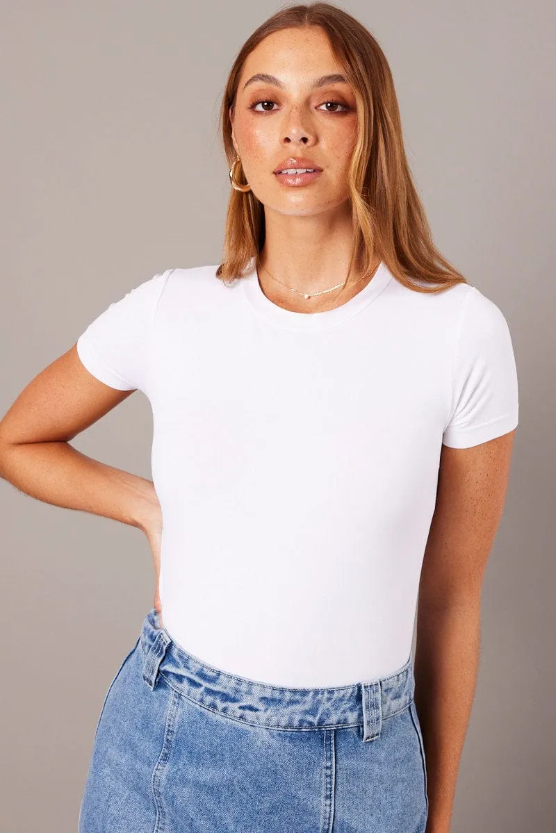 White Bodysuit Short Sleeve Crew Neck Seamless Active Look Airtight Zipper