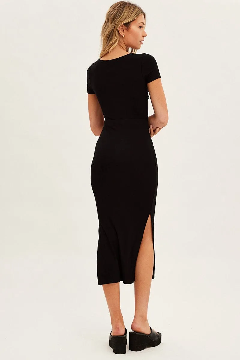 Black Bodycon Dress Rib Twist Front Cut Out Short Sleeve Romance Fit