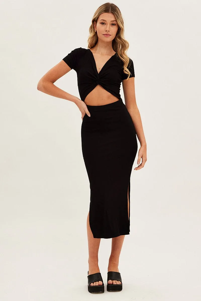 Breathable knit SeamlessConstruction Black Bodycon Dress Rib Twist Front Cut Out Short Sleeve