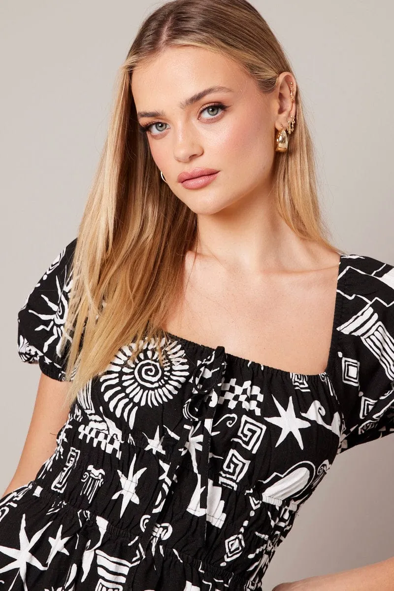 SmoothInnerLining StaticFree Material Black Abstract Fit And Flare Dress Puff Sleeve Mini