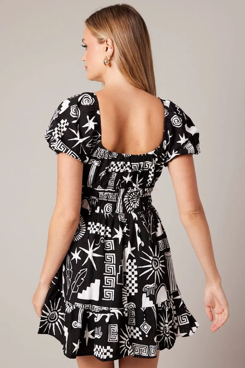 Black Abstract Fit And Flare Dress Puff Sleeve Mini ErgonomicCut Game Day