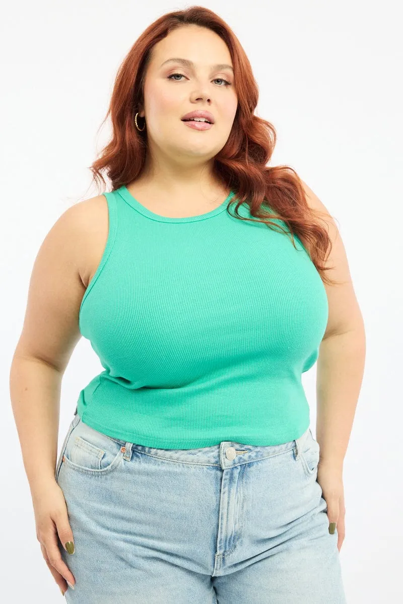 Boho Light MultiPocketDesign Green Tank Top Crew Neck Rib