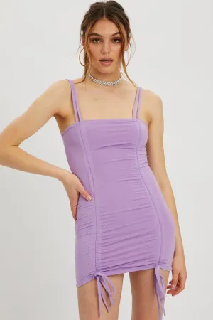 Lightweight Material Sporty Look Purple Drawstring Ruched Bodycon Dress