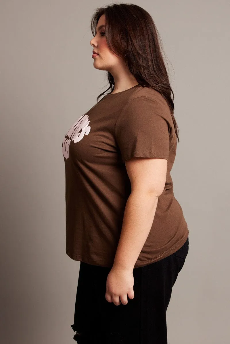 Brown Graphic T-shirt Short Sleeve Crew Neck Seasonal Casual Teenager fashion