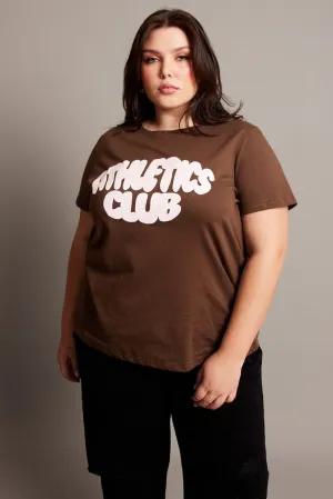 Brown Graphic T-shirt Short Sleeve Crew Neck Adjustable Hem