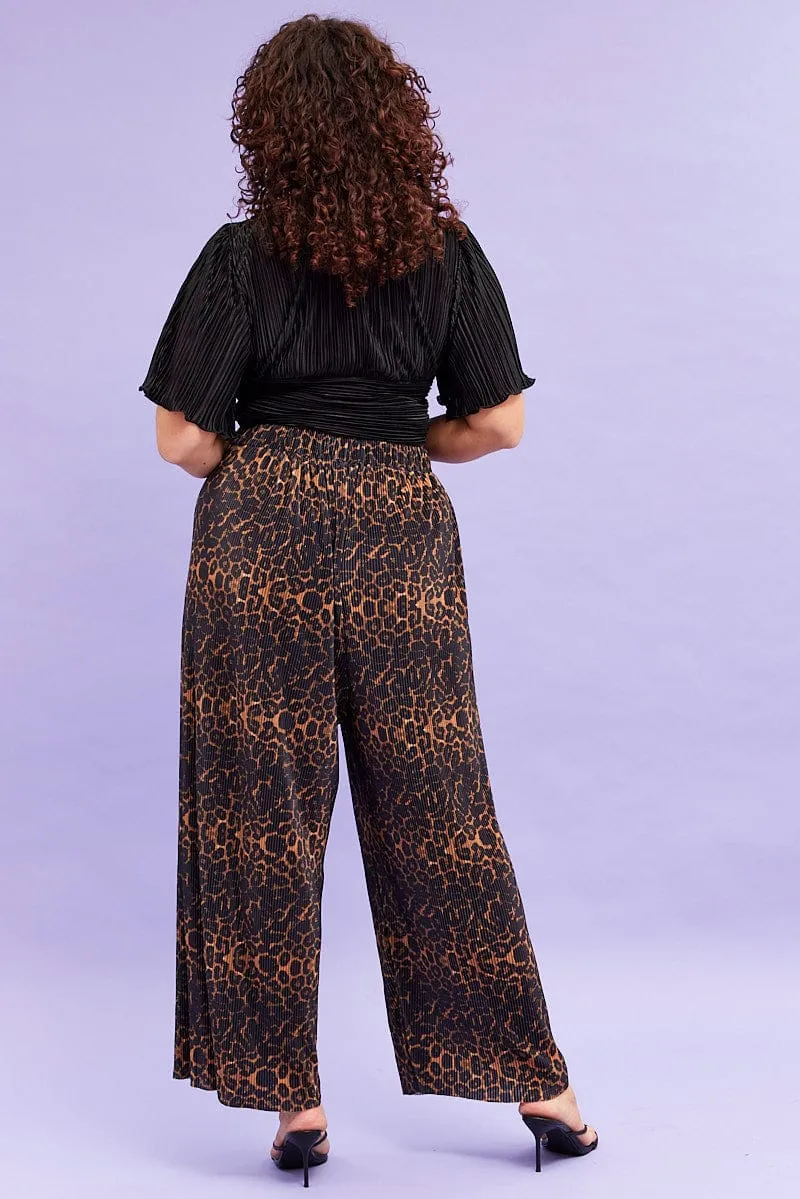 Brown Animal Print Plisse Pants Wide Leg Polyester fabric Fashion Stretch