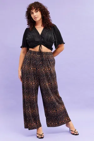 Core Cut Brown Animal Print Plisse Pants Wide Leg