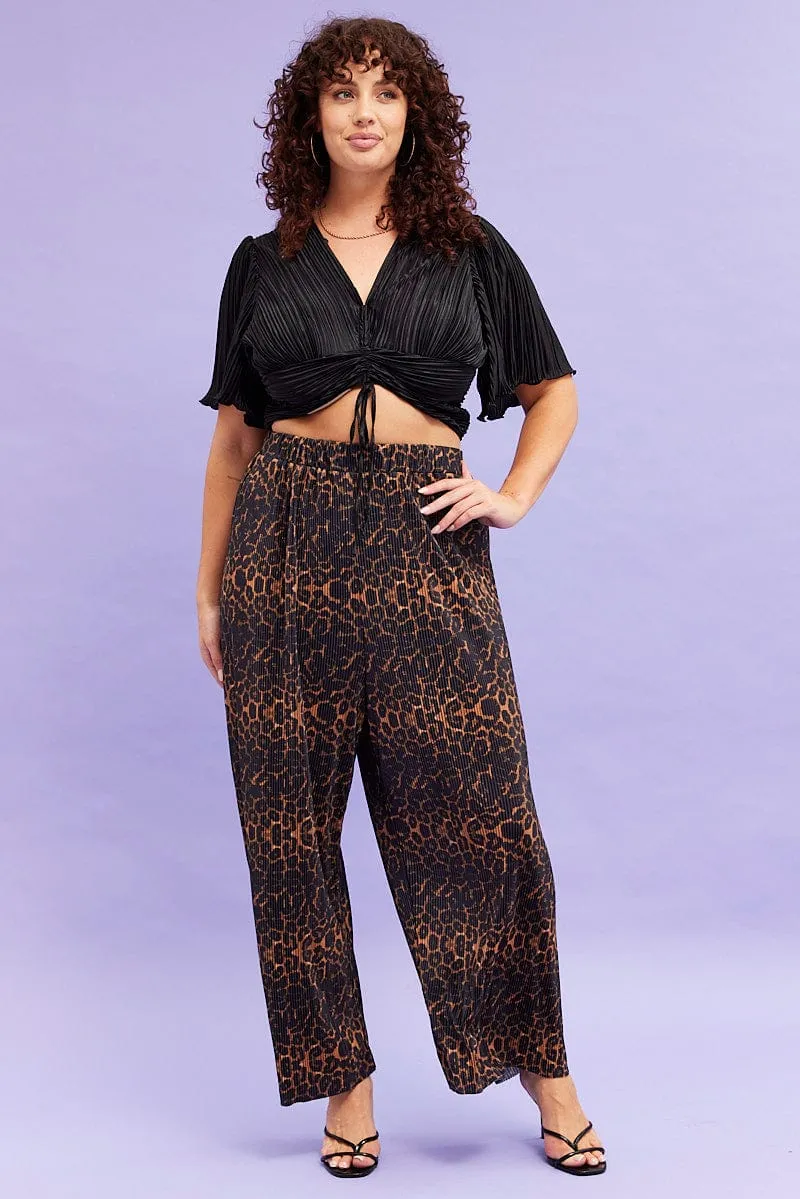 Chilly Layering Brown Animal Print Plisse Pants Wide Leg