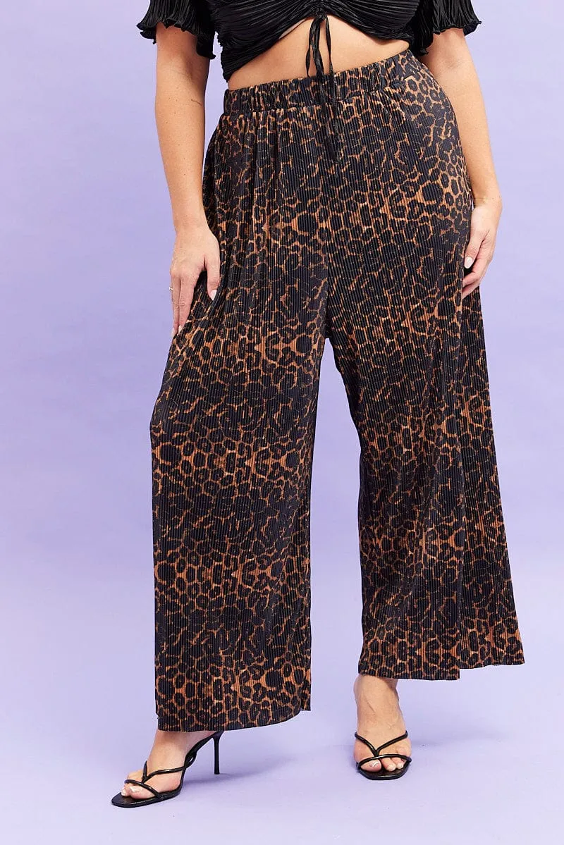 Brown Animal Print Plisse Pants Wide Leg Classy Fit