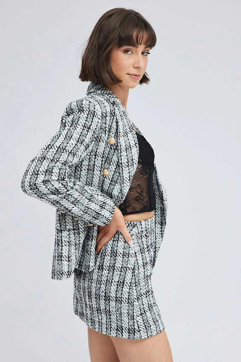Black Check Mini Skirt High Rise A-line Front Slit Tweed Chill Mood Everyday Comfort