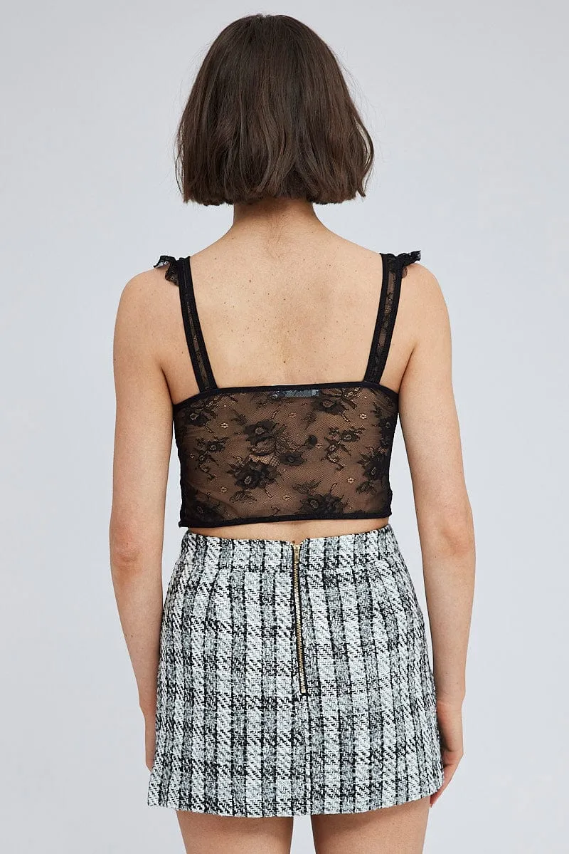 Cozy Vibe Black Check Mini Skirt High Rise A-line Front Slit Tweed