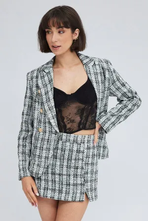 Black Check Mini Skirt High Rise A-line Front Slit Tweed Weekend Fashion