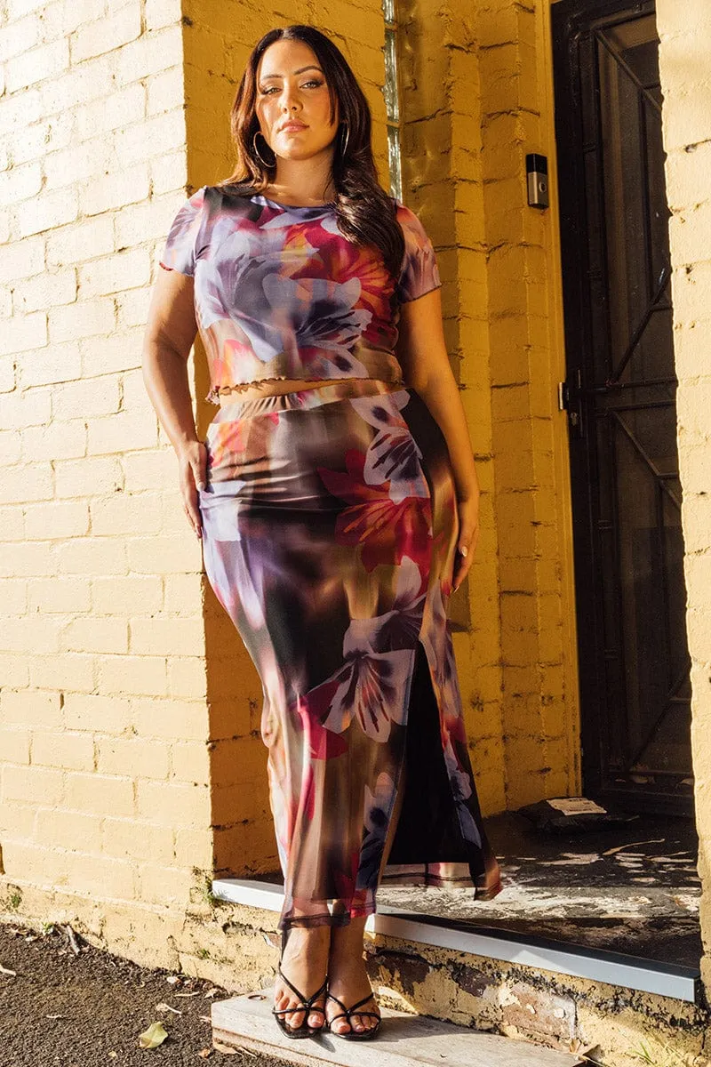 Multi Abstract Mesh Bodycon Skirt Airy Look
