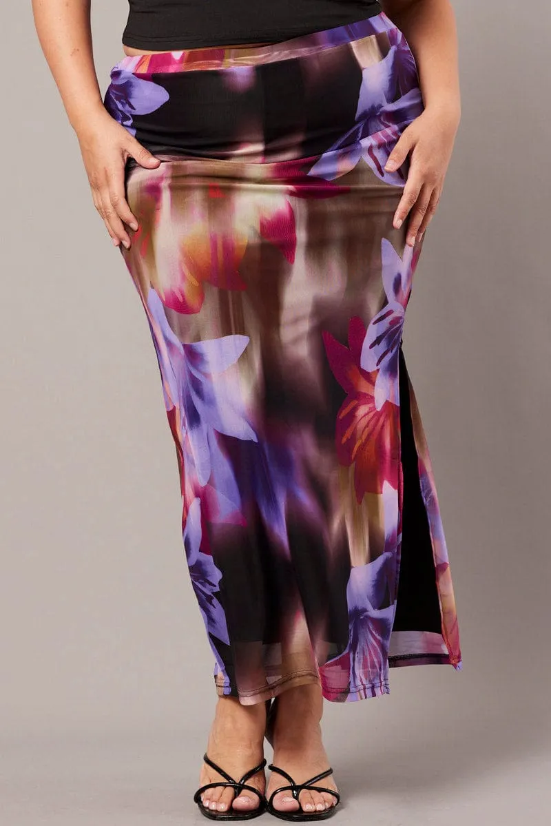 Detachable Tie Floor Length Multi Abstract Mesh Bodycon Skirt