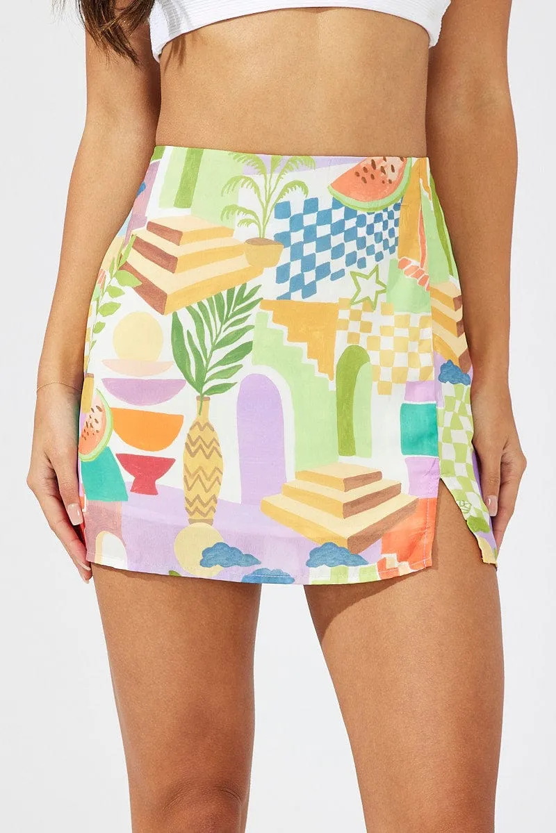 Street Attire Multi Abstract Mini Skirt High Rise