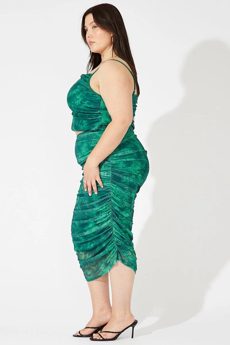 Versatile Wear Green Abstract Mesh Ruched Tie Dye Midi Skirt