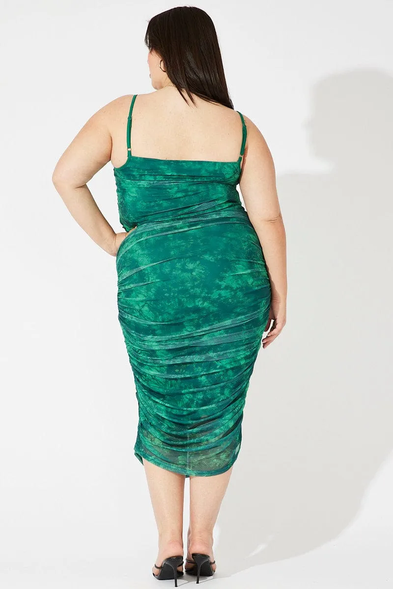 Non Restrictive Pleated Construction Green Abstract Mesh Ruched Tie Dye Midi Skirt