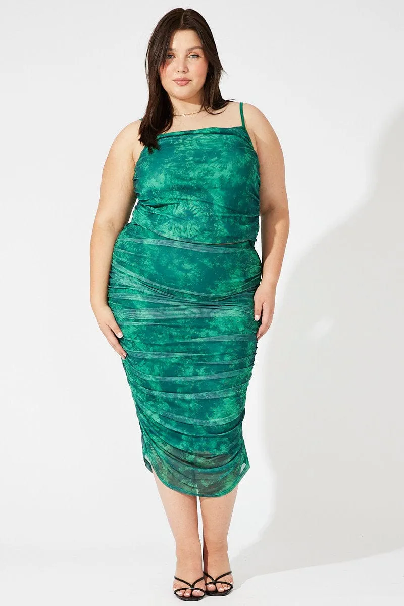 Green Abstract Mesh Ruched Tie Dye Midi Skirt Bold Look