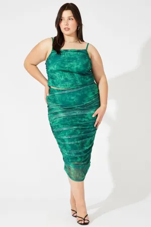 Classic Comfort Green Abstract Mesh Ruched Tie Dye Midi Skirt
