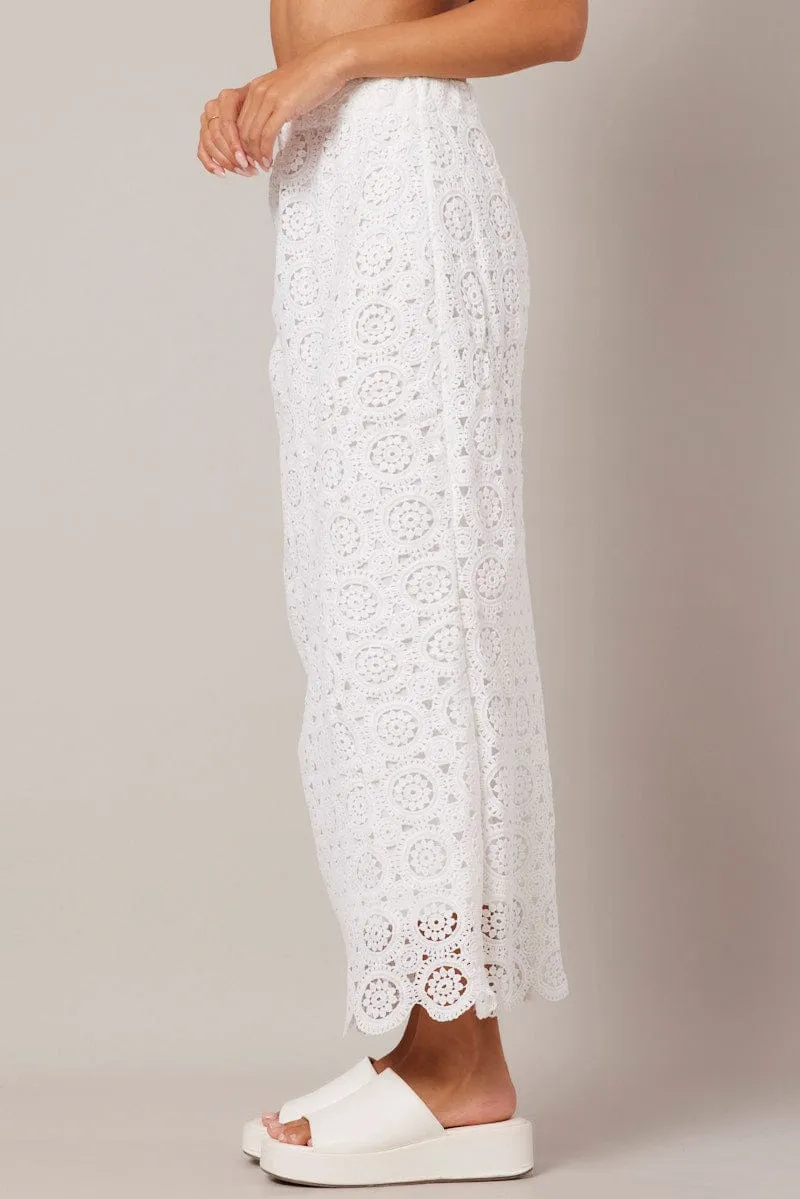 White Midi Skirt High Rise Lace Embroidered Detail natural fiber