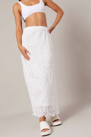 White Midi Skirt High Rise Lace Versatile Fit