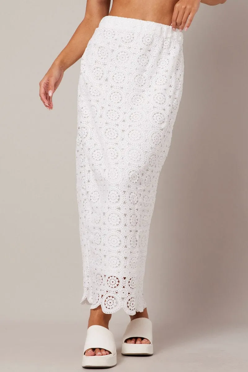 Abstract Motif White Midi Skirt High Rise Lace