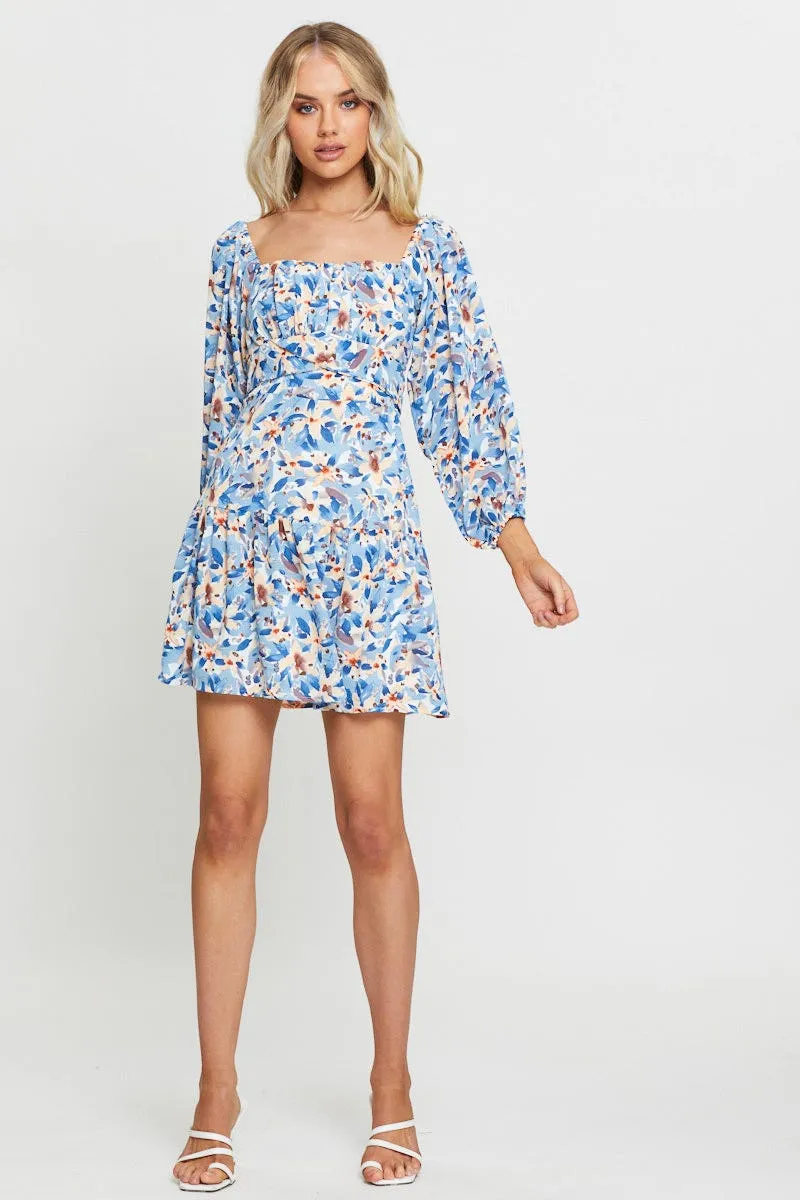 Tie Back Closure System Hot Warm Print Mini Dress Square Neck