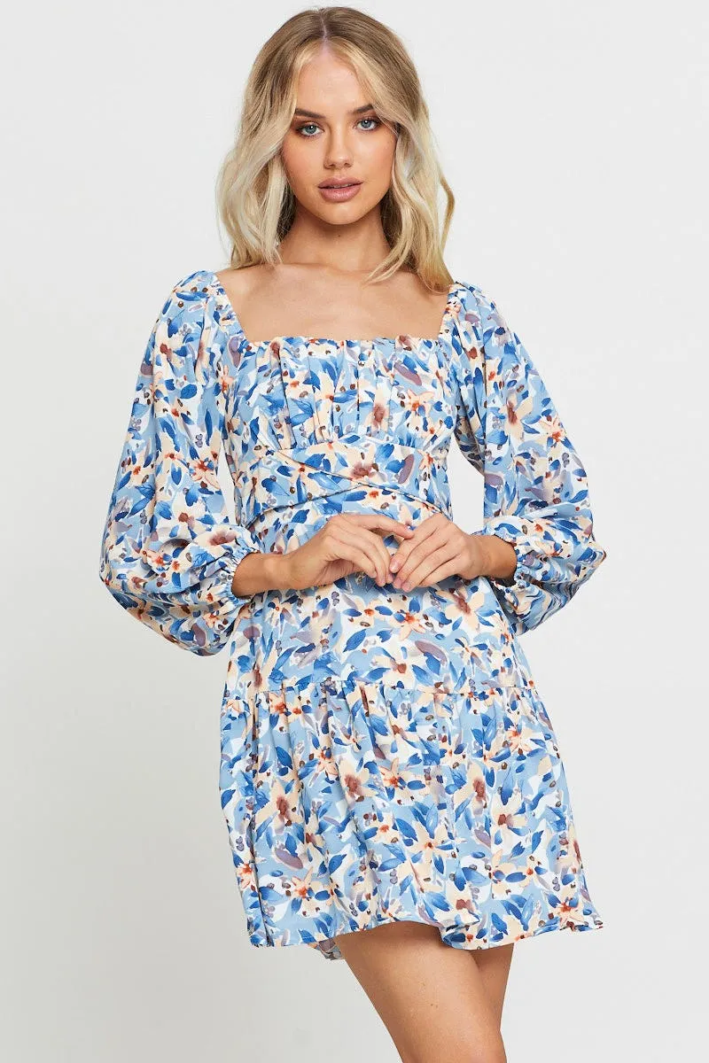 Print Mini Dress Square Neck Slim Touch
