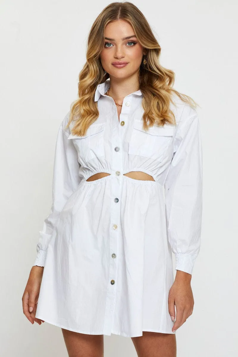 White Mini Dress Long Sleeve Evening Stage Mode Wrinkle resistant fabric