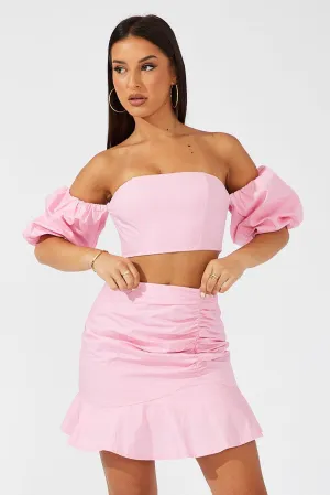 Weekend Fashion Pink Mini Skirt Ruched Detail Ruffle Hem