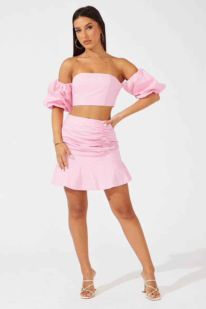 Pink Mini Skirt Ruched Detail Ruffle Hem high contrast